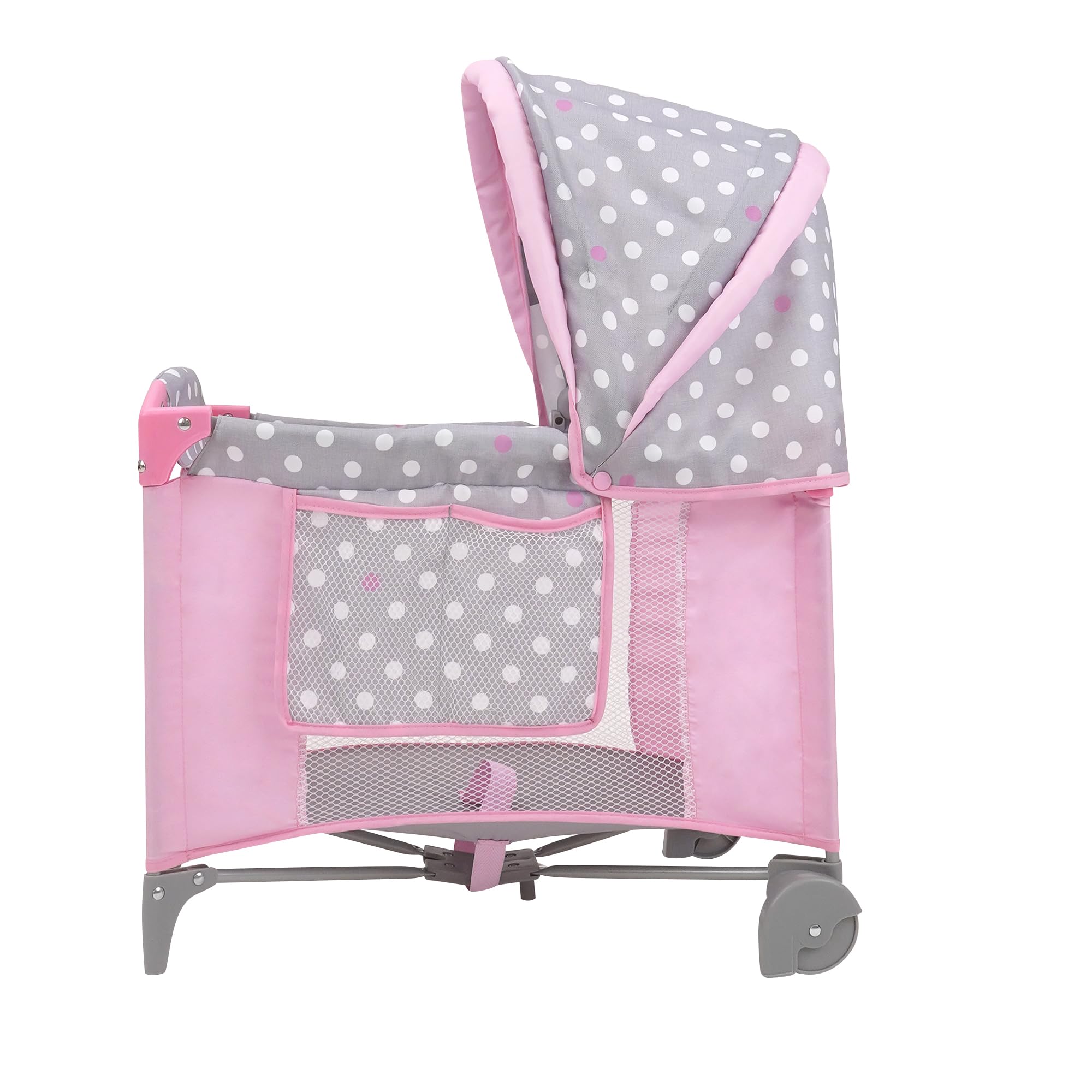 509 Crew: Cotton Candy Pink: Giardino di gioco per bambole - rosa, grigio, a pois - per bambole fino a 45,7 cm, pieghevole, baldacchino retrattile, per bambini dai 3 anni in su
