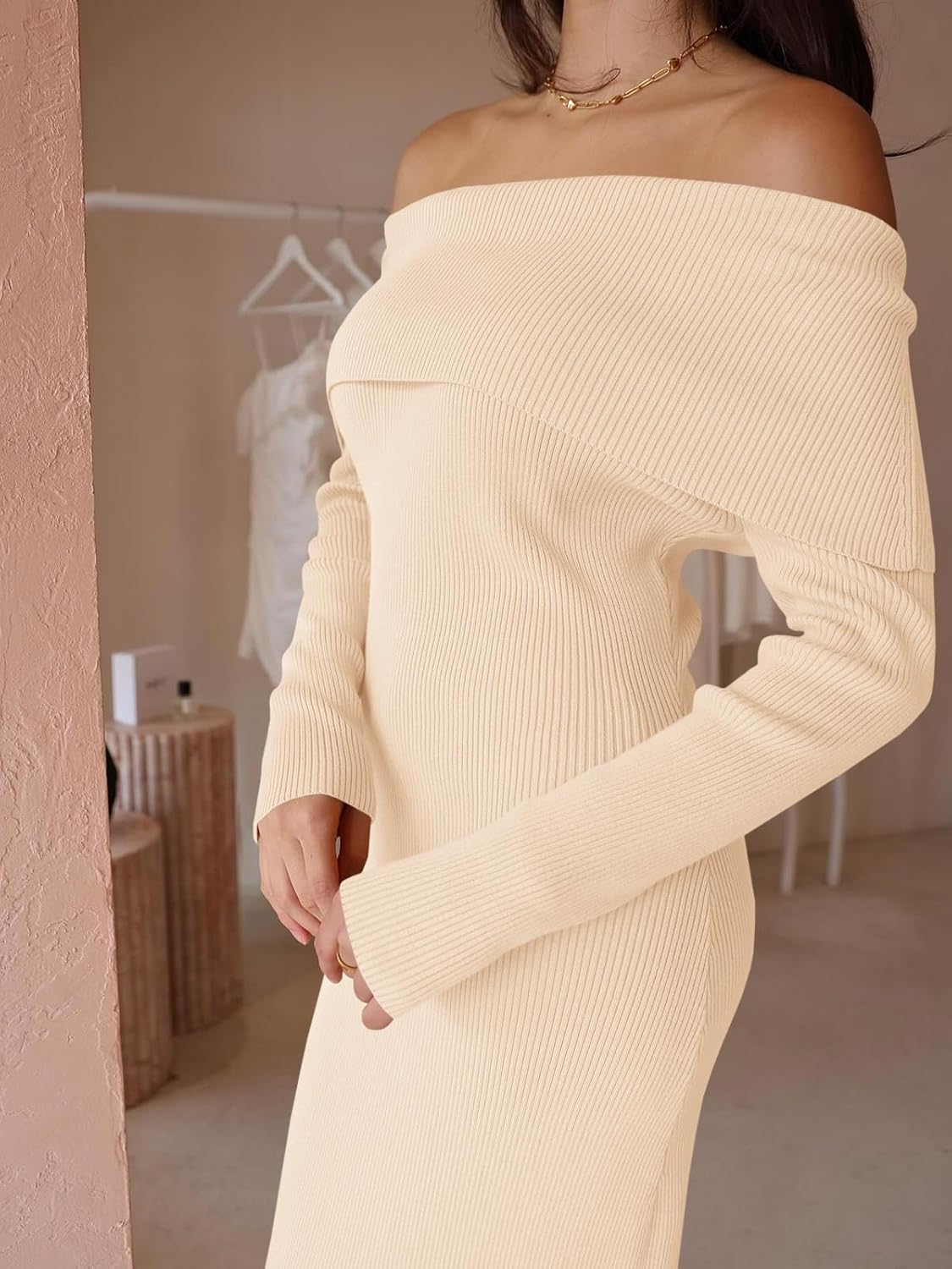 Wenrine Womens Off The Shoulder Bodycon Sweater Dress 2026 Elegant Long Sleeve Cocktail Party Midi Maxi Dresses - Image 6