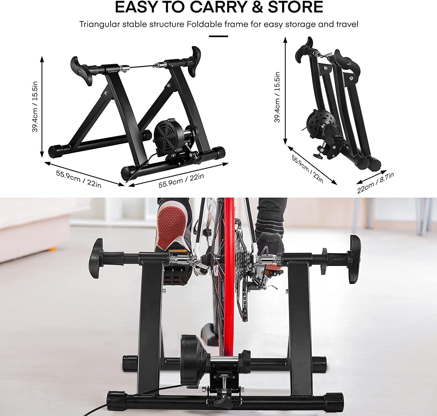 Home Trainer Vélo Magnétique 8 Résistances – Compatible Roues 26-28″ Et 700C – Pliable – Charge 150 Kg – Entraînement à Domicile