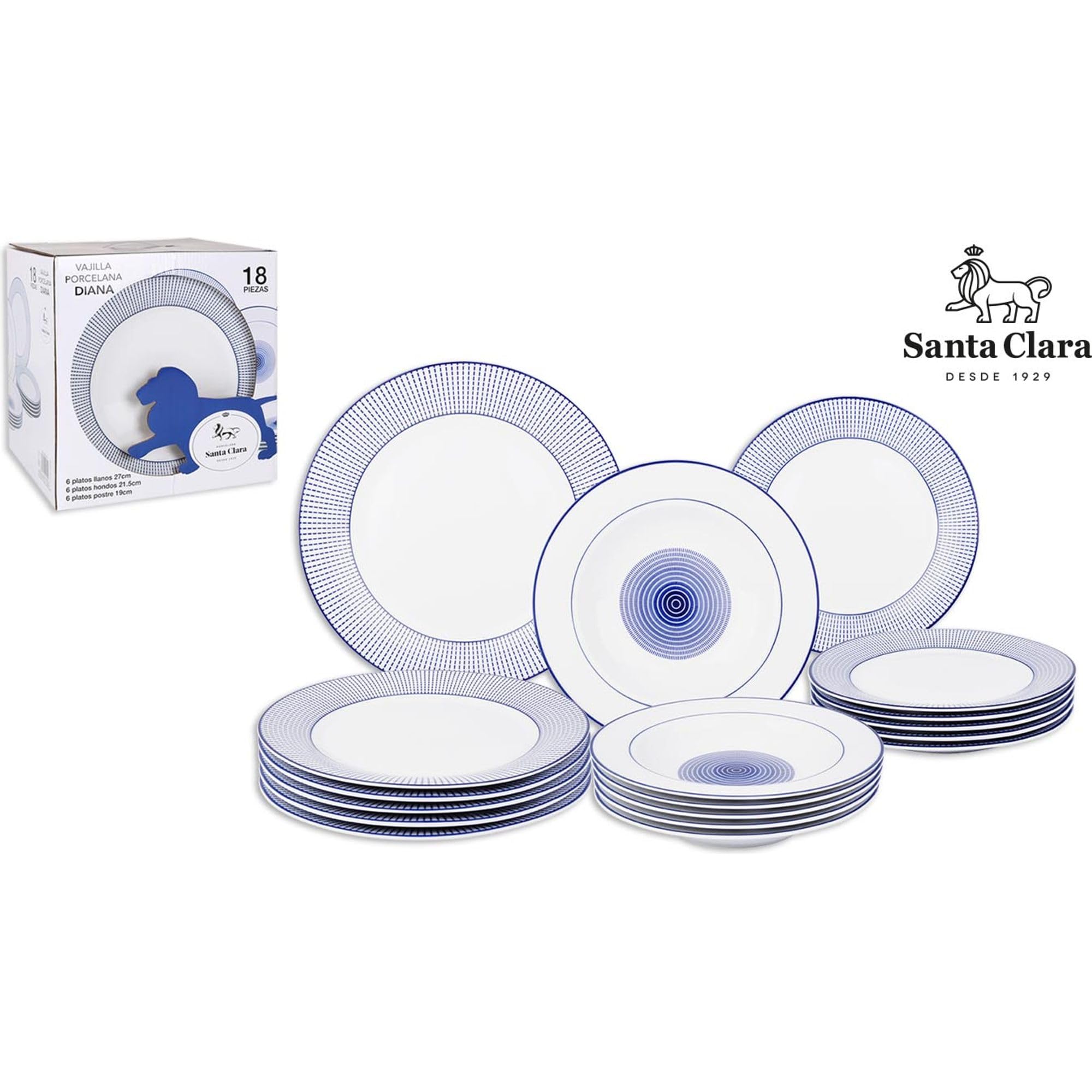 Santa Clara Vajilla Completa 18 Piezas de Vidrio Templado, Incluye 6 Platos Llanos de (27 cm), 6 Platos Hondos de (21.5 cm) y 6 Platos de Postre de (19 cm), Colección Diana
