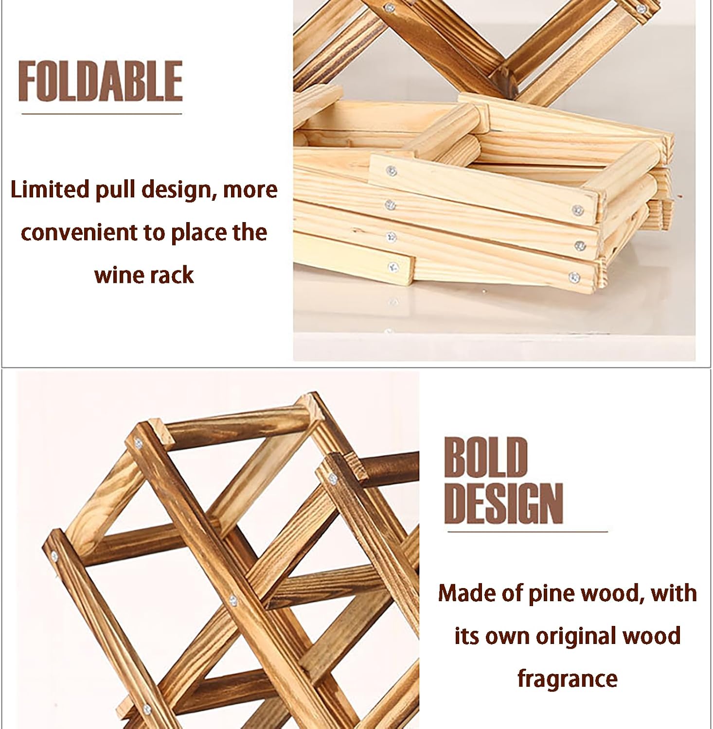 Freestanding Foldable Wooden Wine Rack Organizer, Countertop and Cabinets, Stackable 3/5/6/10 Bottle Holder, Scratch-Resistant Protector for Home, Bar, Pantry (A:M)