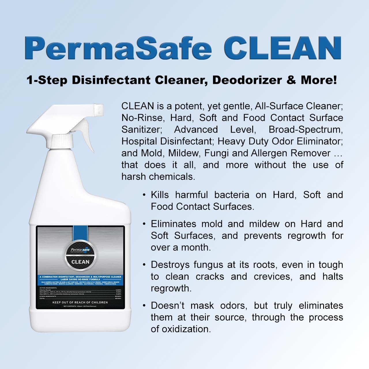 PermaSafe CLEAN, Cleans, Disinfects, Deodorizes in One ‘Spray & Walk Away’ Step, Sanitizes Hard, Soft & Food Surfaces + PermaSafe SHIELD, 90 Day Antimicrobial Surface Protector. 32 Fl Oz Spray Bottles
