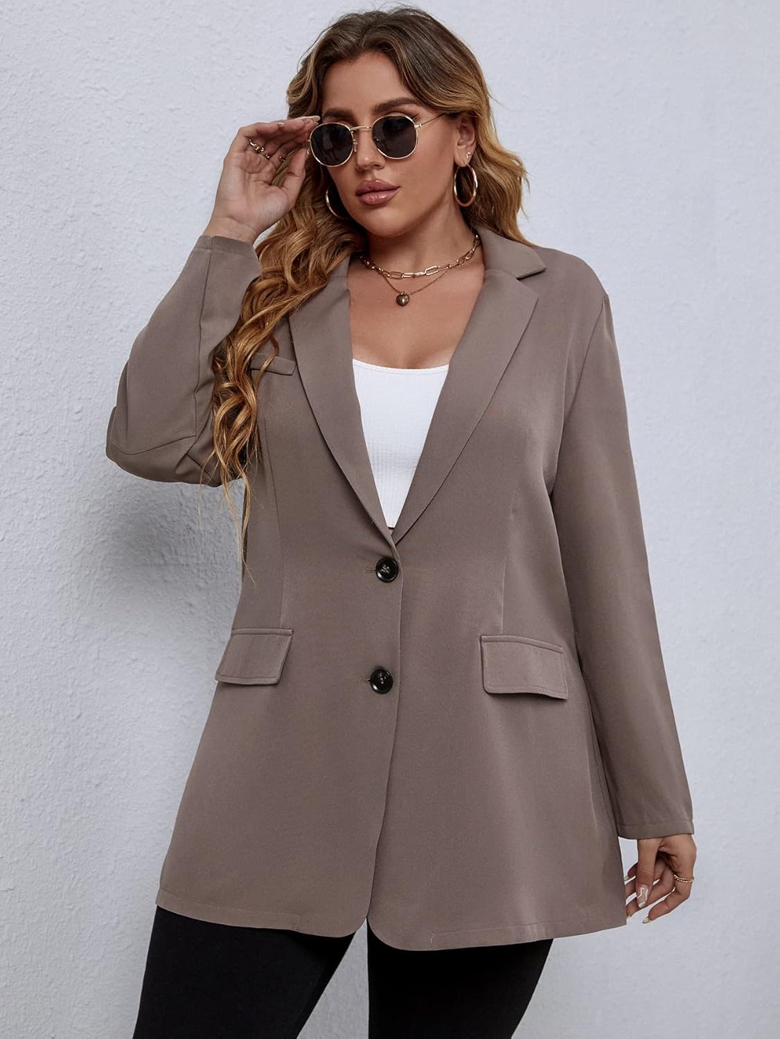 WDIRARA Women's Plus Size Button Front Long Sleeve Blazer Work Office Jacket