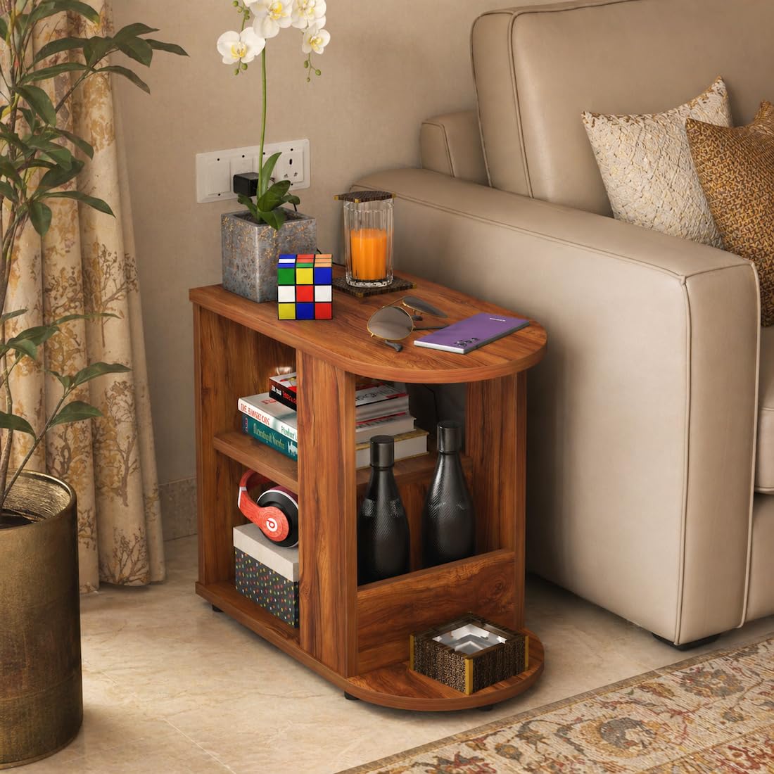 Studio Kook Bene Engineered Wood Side Table | End Table with Storage, Matte Finish, DIY (DO IT Yourself) Assembly (Amber Walnut)-image-14