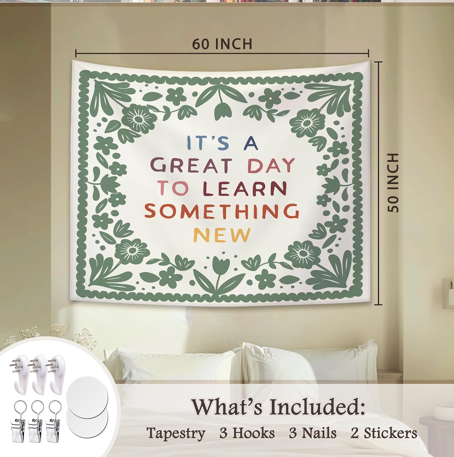 STHTTSW Boho Classroom Tapestry, Positive Affirmations Green Wall Decor Tapestry, Inspirational Wall Hanging for Classroom, Educational Welcome Tapestries Wall Decor for Kids Dorm Living Room 60x50in