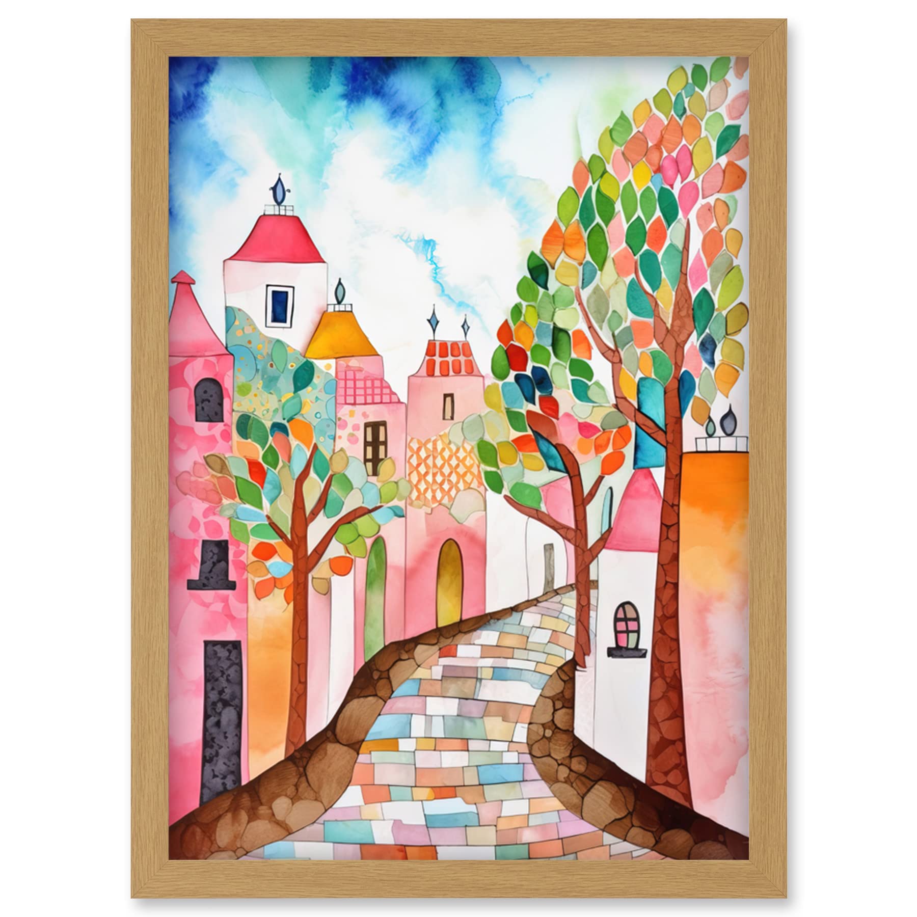 Artery8 Cobblestone Street In Spring Folk Art Artwork Framed Wall Art Print A4