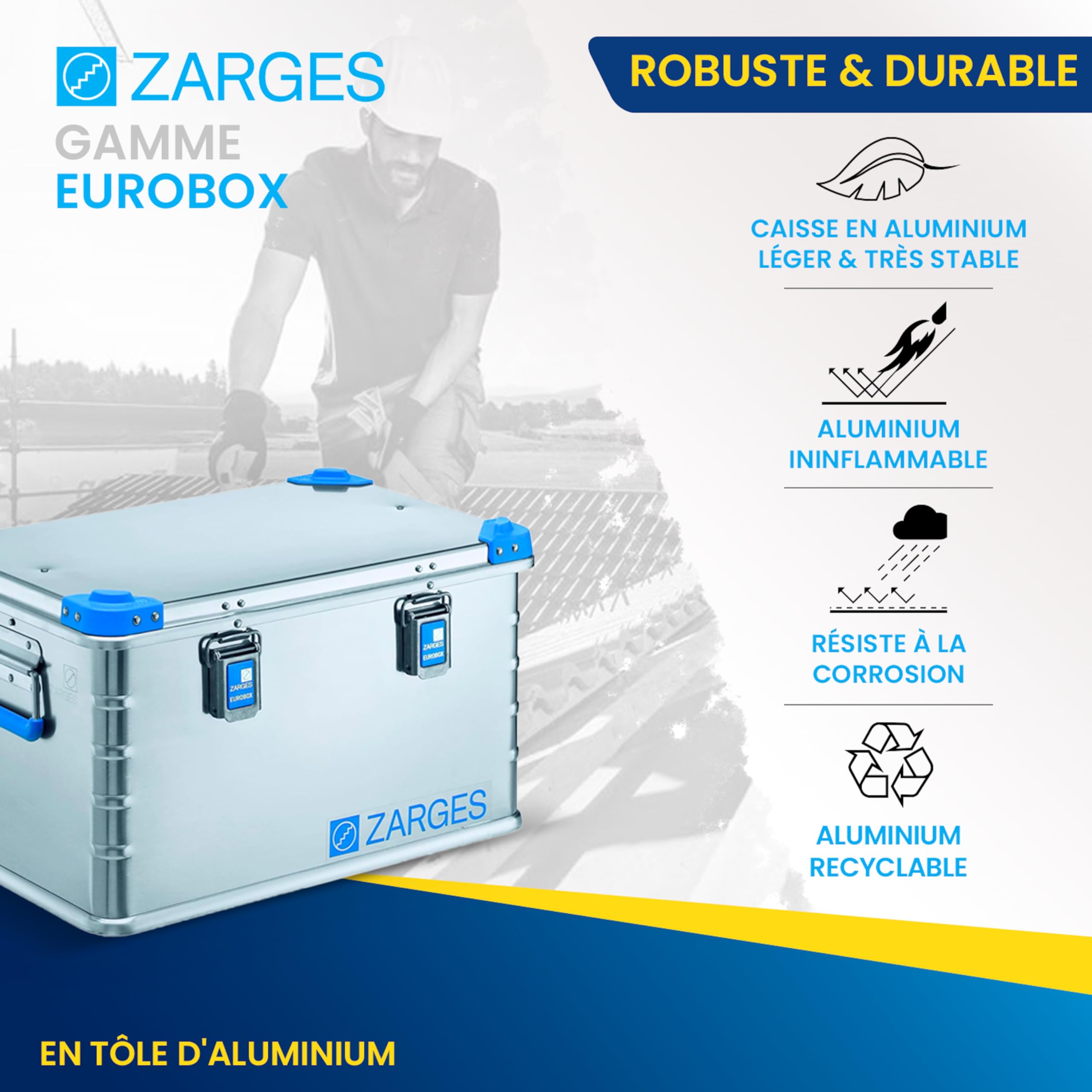 ZARGES Caisse Aluminium Eurobox 1200x800x510 mm Aluminium Naturel Poignées Transport Étanche Durable