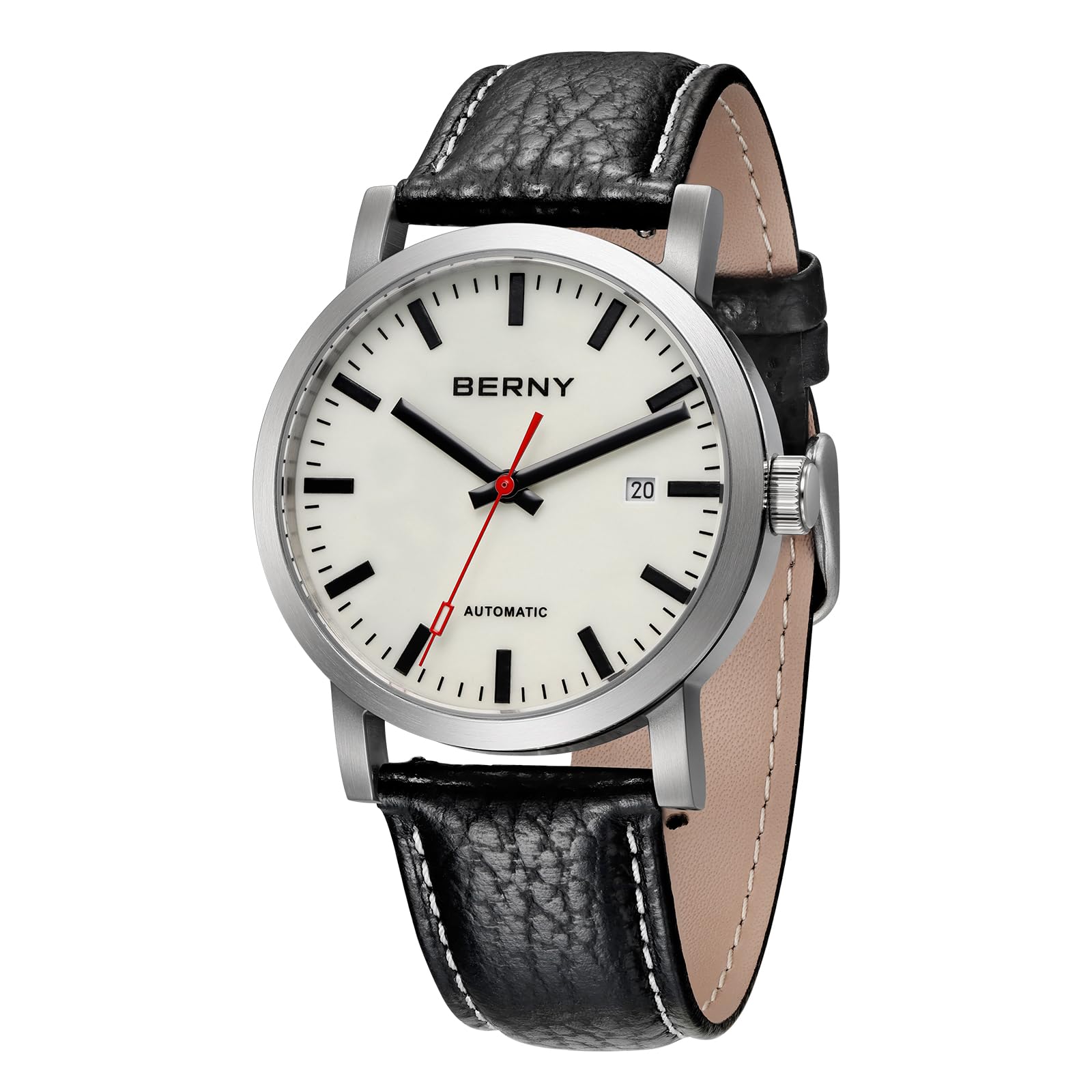 BERNY Clásico Reloj Automático Masculino Mecánico Reloj de Autorollo Correa de Acero Inoxidable 5ATM Impermeable y Luminoso
