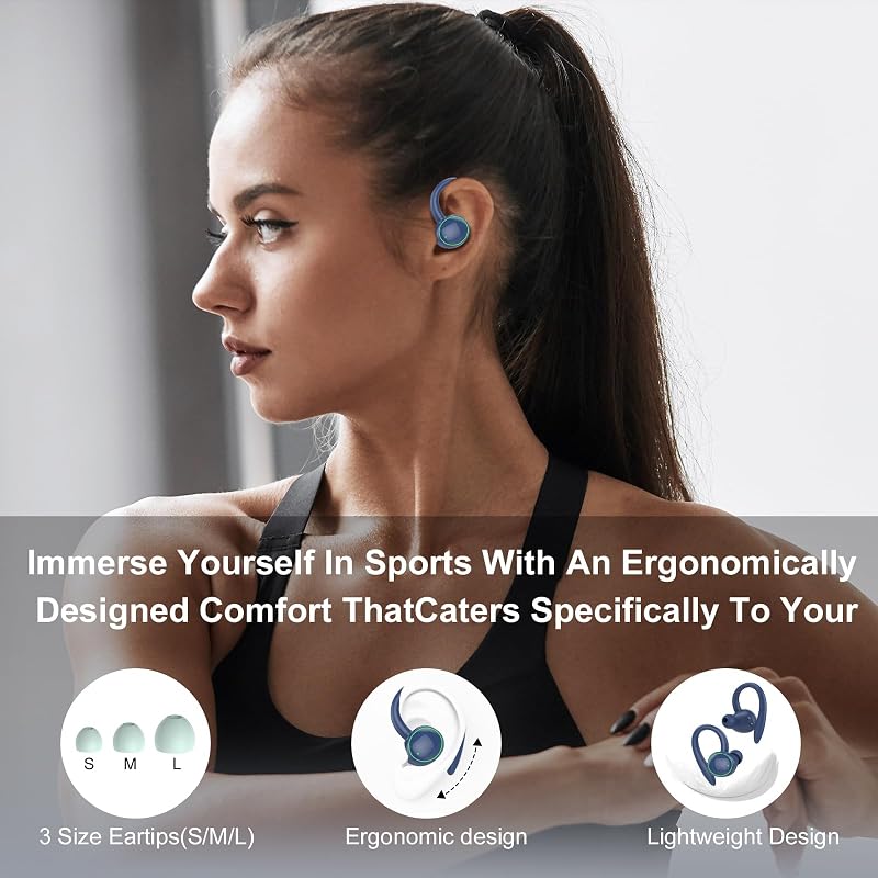 Wireless Earbuds, Bluetooth 5.4 Headphones Sport, Over Ear Buds With ENC Noise Cancelling Mic, 48H, Wireless Earphone With Earhooks, Stereo Deep Bass, IP7 Waterproof Headset for Workout Running, Blue image 5