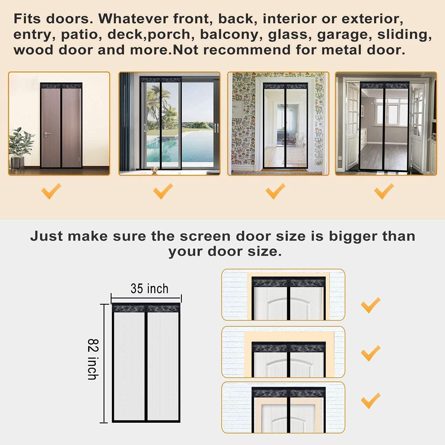 Magnetic Screen Door 35x82 Inches,Screen Doors with Magnets Heavy Duty Mesh Curtain Full Frame Hook&Loop,for Front Door Apartments and More,Hands Free,Pet and Kid Entry Friendly Black