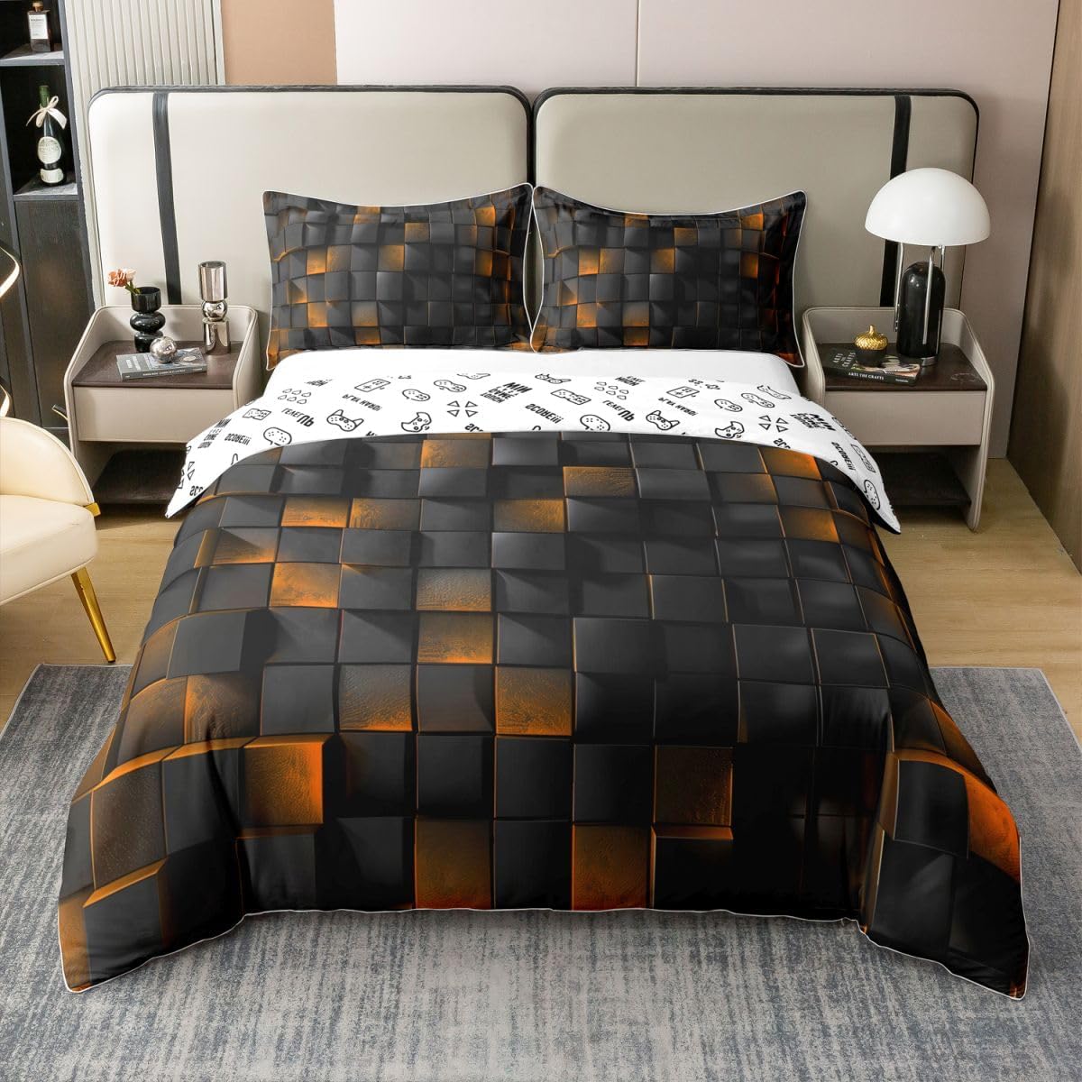 Manfei Pixelated Miners Game Girls Bedding Set Twin Size 100% Cotton, Video Games Gamepad Gaming Bedding Set,Modern Geometric Square Room Decor,Orange Black Quilt Cover,1 Pillowcase(No Filler) image 3