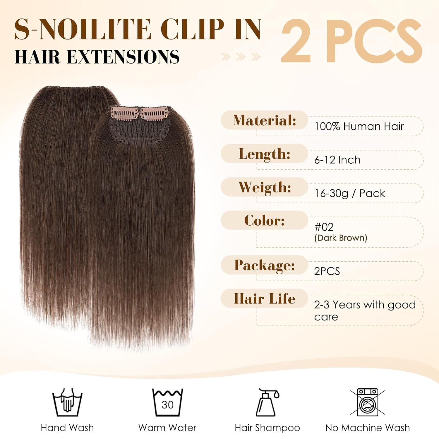 S-noilite 2Pcs Thick Clip in Short Hair Extensions Real Human Hair Invisible Straight Clip in Hairpieces for Women Adding Extra Volume 6 Inch Dark Brown