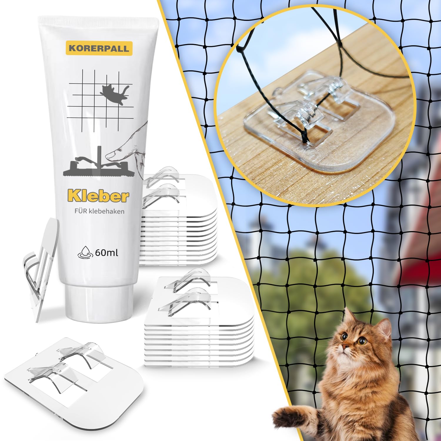Rete per gatti da balcone (con gancio adesivo da parete), rete per gatti x 3 m, leggera e resistente, ideale per la protezione Catio e la rete da balcone per gatti (rete + gancio, 6 x 3 m)