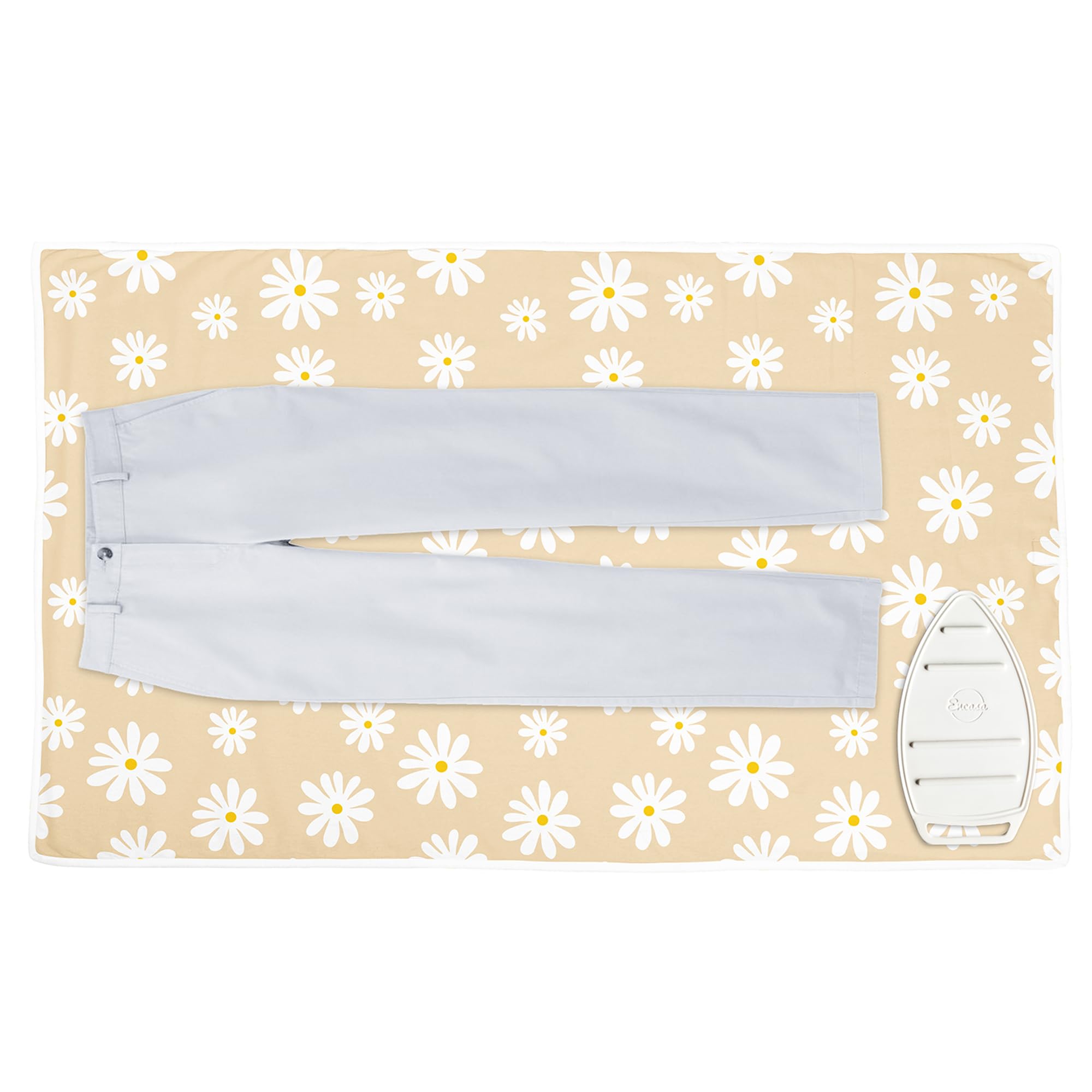 Encasa Homes Ironing Mat/Pad (120x70 cm) with 3mm Padding & Silicone Iron Rest for Steam Pressing on Tabletop or Bed - Heat Resistant, Portable, Quilting & Travel Blanket - Daisy Beige