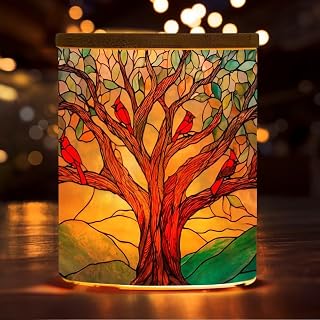 Stained Glass Tree of Life Candle Holders for Table Centerpiece, Cardinal Bird Glass Tealight Candle Holders for Wedding Decoration, Boho, Home Decor, LED Candle Jar Tealight for Family