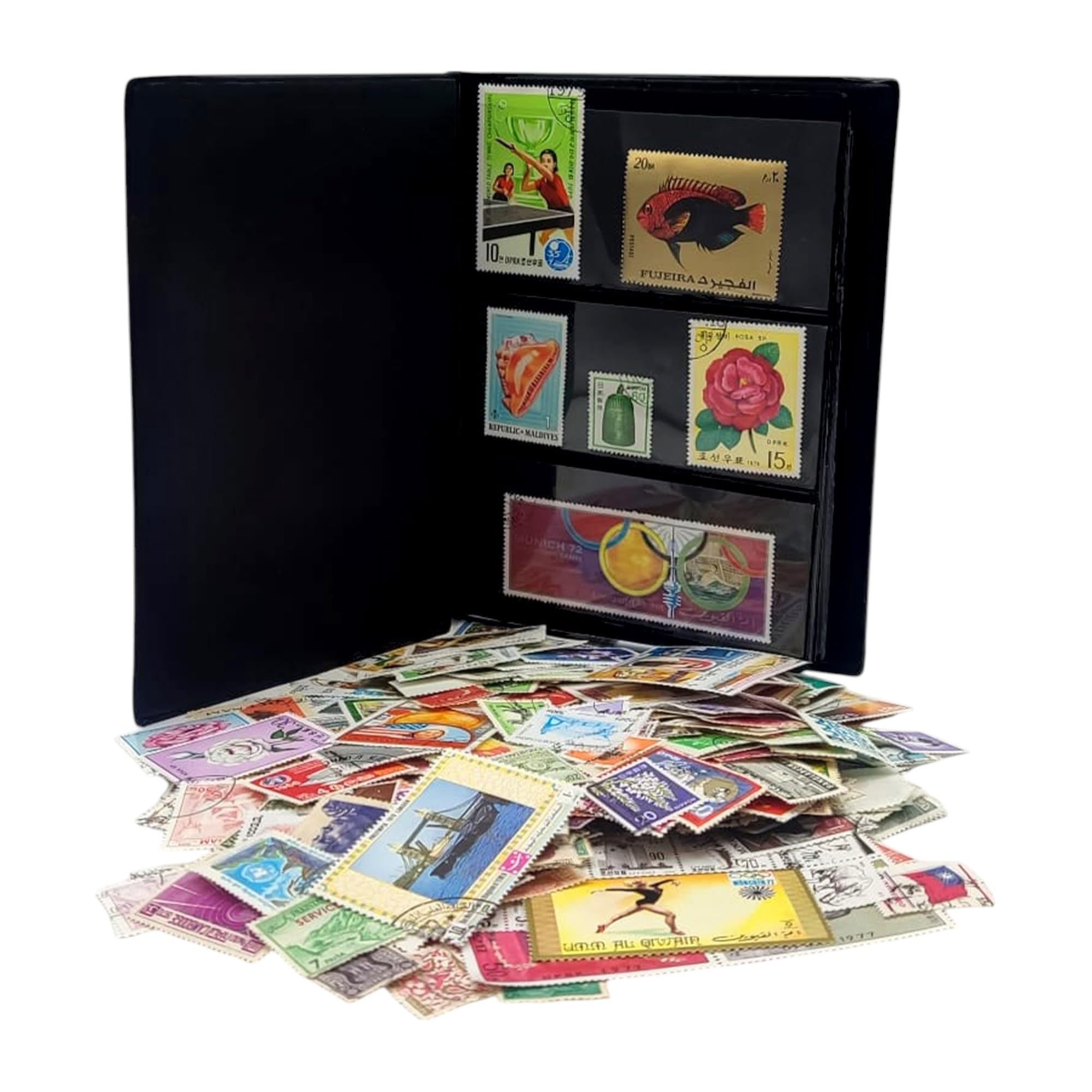 IMPACTO COLECCIONABLES - 500 Asian Stamps Collection with Included Album (5.5 x 7 x 0.4 in), Black