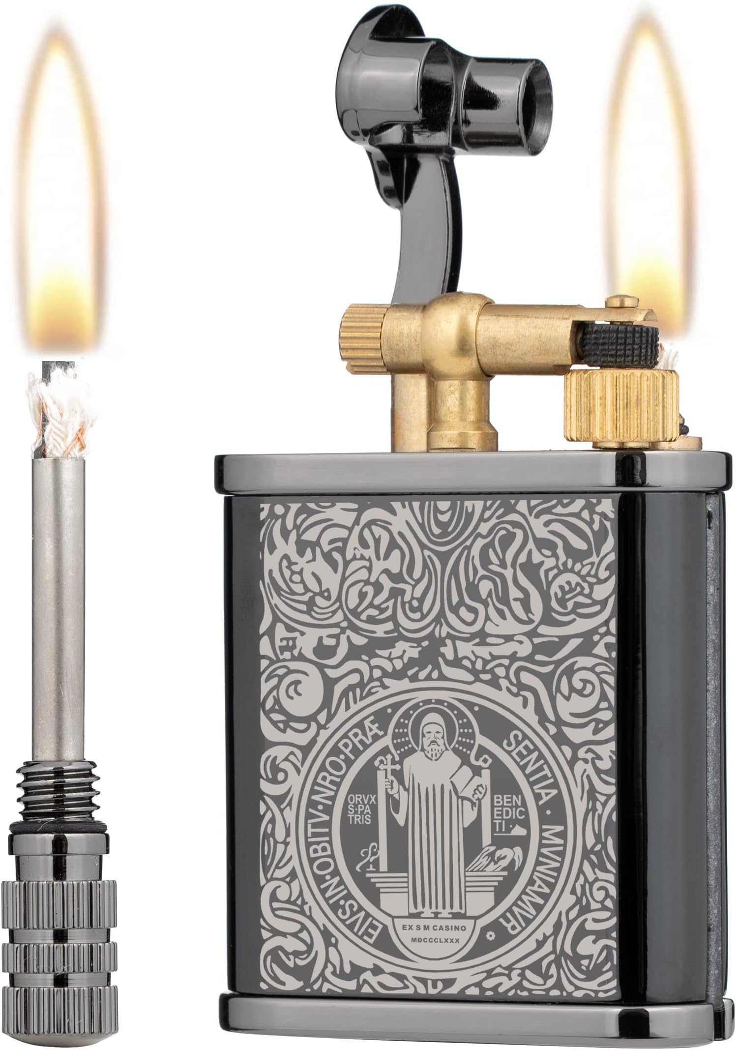 2 in 1 Lighter Permanent Match Antique Style Lift Arm Kerosene Lighter with Permanent Match (Black Ice ST. Benedicti)