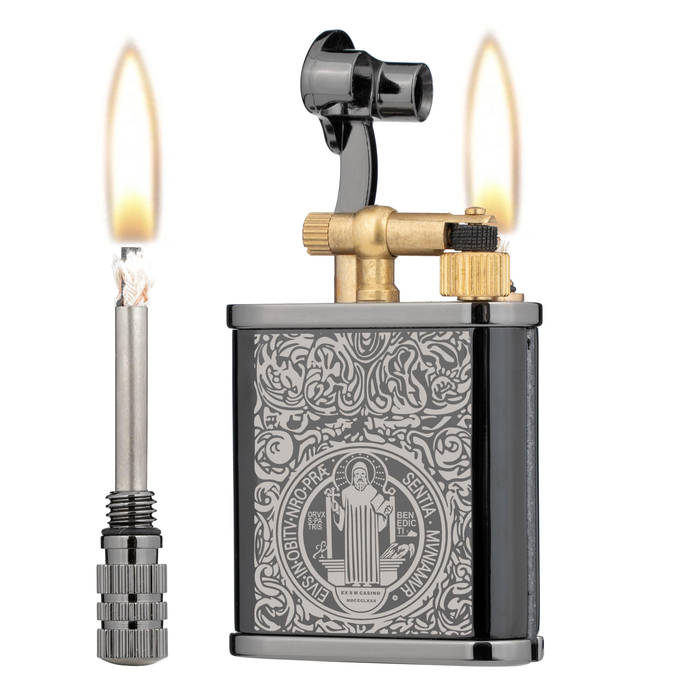 2 in 1 Lighter Permanent Match Antique Style Lift Arm Kerosene Lighter with Permanent Match (Black Ice ST. Benedicti)
