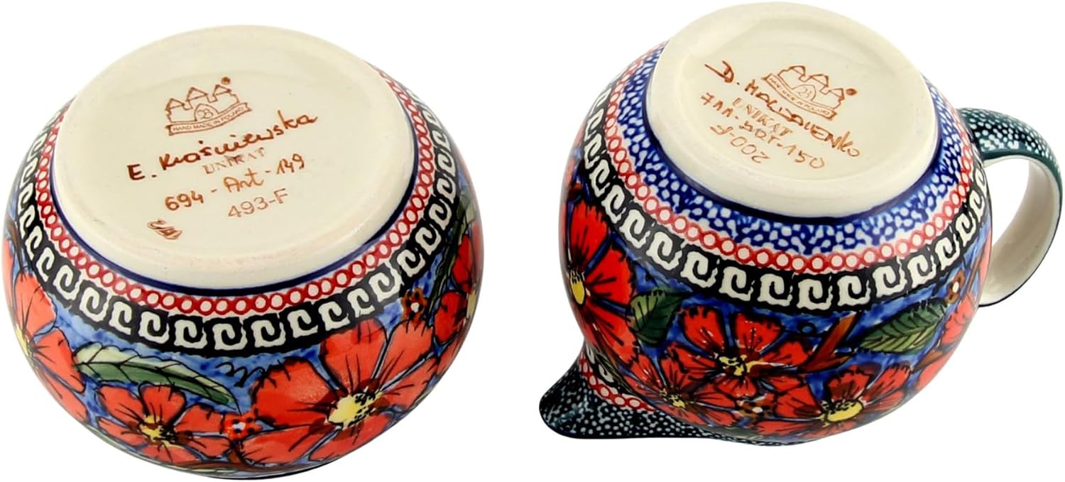 Polish Pottery Market Sugar Bowl with Lid and Creamer Set - 10 Oz. Sugar Bowl & 9 Oz. Cream Pitcher -Hand-painted Stoneware by Zaklady Boleslawiec Poland