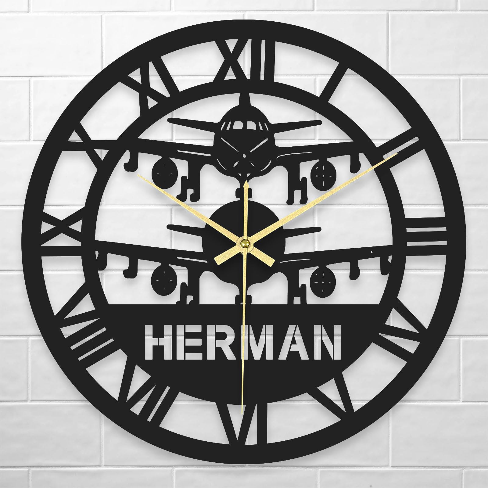 Personalised Airplane Wall Clock with Name, Custom Round Acrylic Wall Clock, Large Acrylic Sign Wall Clock, Vintage Roman Numeral Clock for Bedroom Office Living Room Decoration, Housewarming Gifts