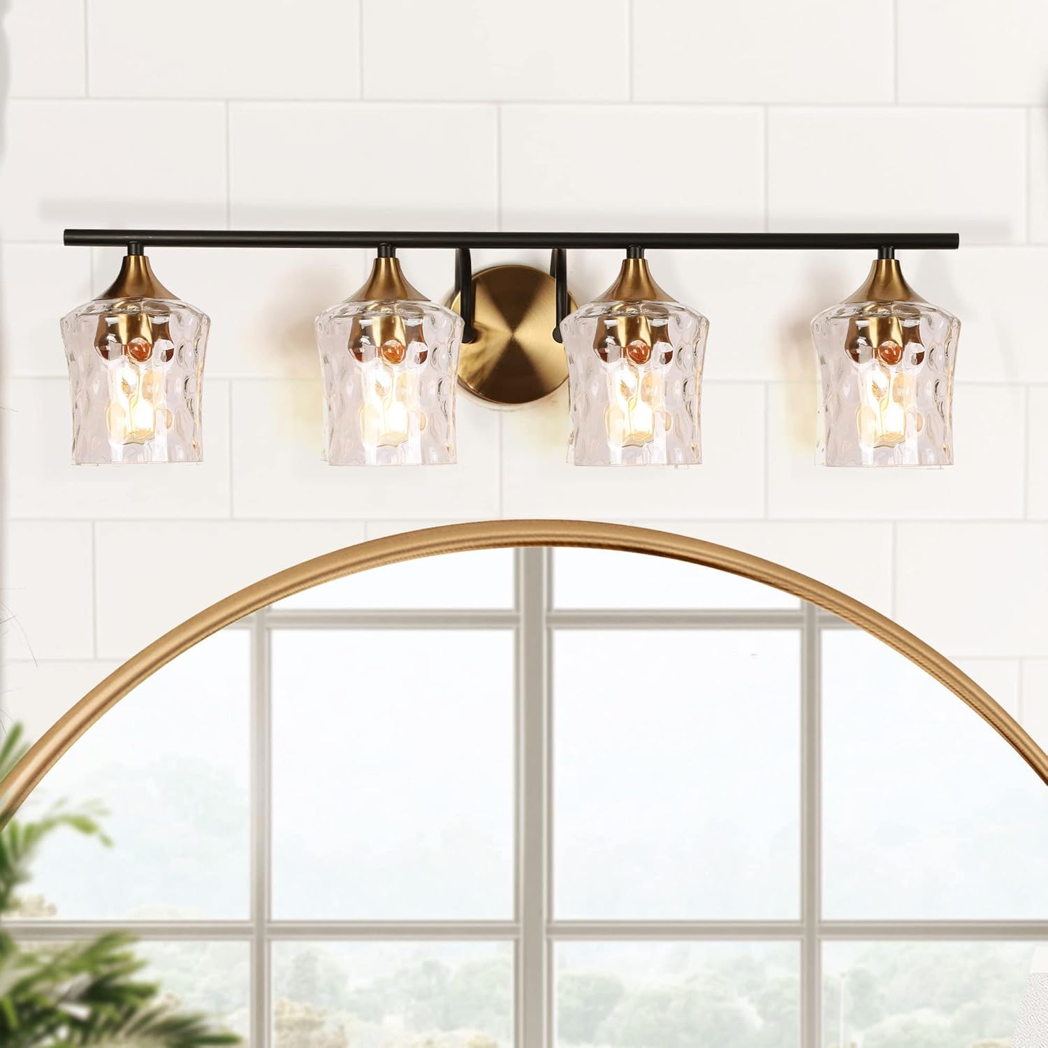 ZEVNI Bathroom Light Fixture, 4-Light Black Gold Vanity Light Fixture with Hammer Glass Shades, 28” X 7” X 7”