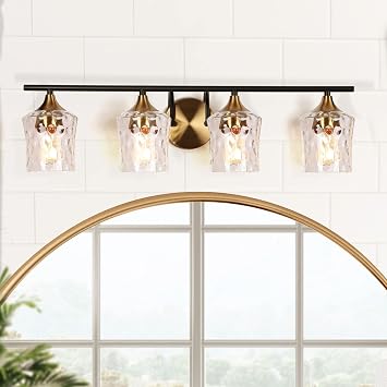 ZEVNI Bathroom Light Fixture, 4-Light Black Gold Vanity Light Fixture with Hammer Glass Shades, 28 X 7 X 7