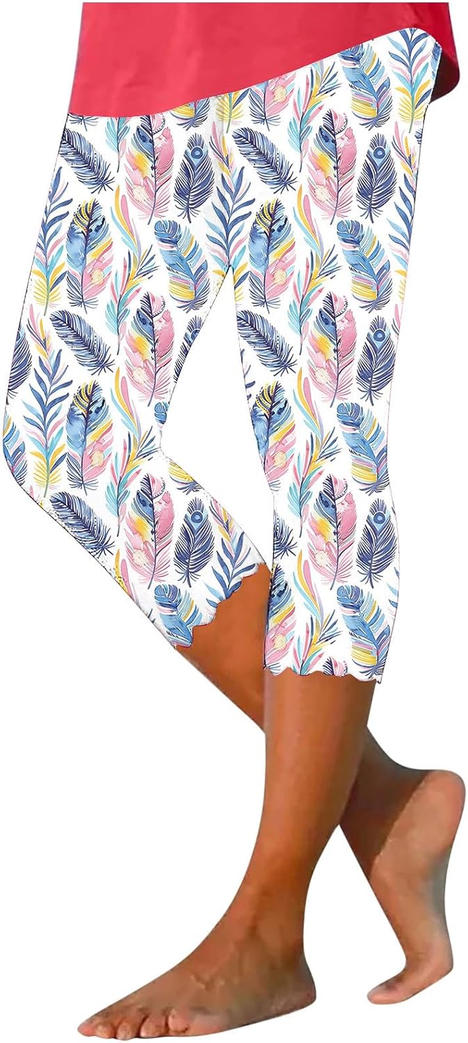 Women's Capri Leggings Floral Print High Waist Capris Tummy Control Knee Length Slim Fit Yoga Cropped Trousers