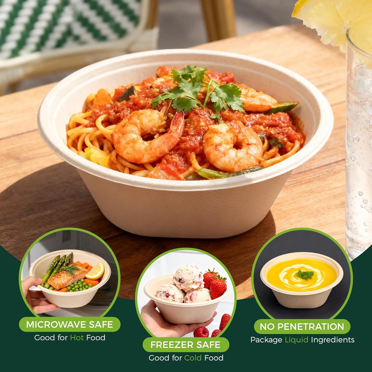 32 Oz [50 Pack] Heavy Duty Deep Paper Bowls - Disposable and Compostable - Made from Eco-friendly Sugarcane Bagasse - Biodegradable Bowls for Soup, Salad, Dessert, Ice Cream - Image 3