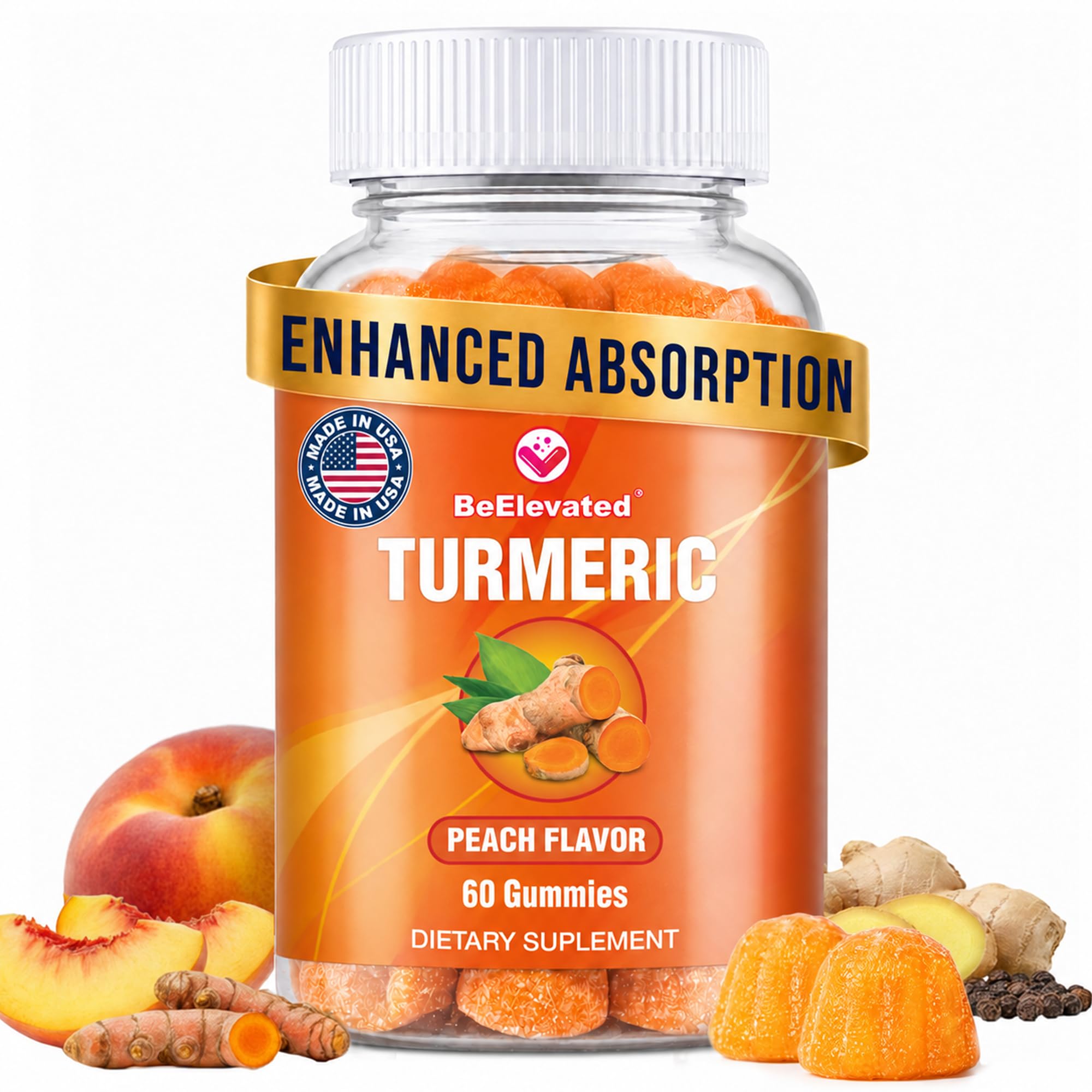 Turmeric Ginger Gummies with Black Pepper - Peach Flavor - 60 Count 60 Count (Pack of 1)
