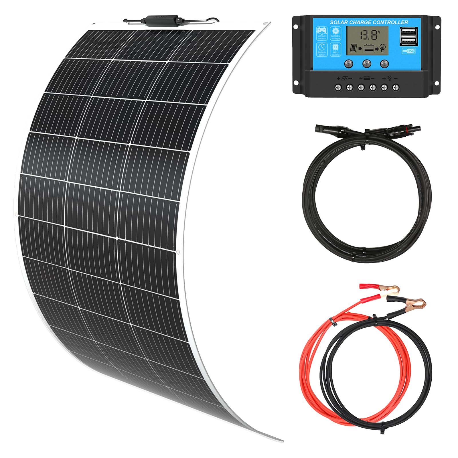 XINPUGUANG 100w 12v Kit de Panel Solar Flexible Módulo Monocristalino 10A Regulador de Carga Solar para Autocaravana, Caravana, Barco, Automóvil, Casa, Batería de 12v(100W kit solar)