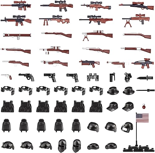 Miniatura 64 de Juego de 63 piezas de armas militares, accesorios de fuerzas especiales del Reino Unido, juguetes de armas, equipo militar, bloques de batalla
