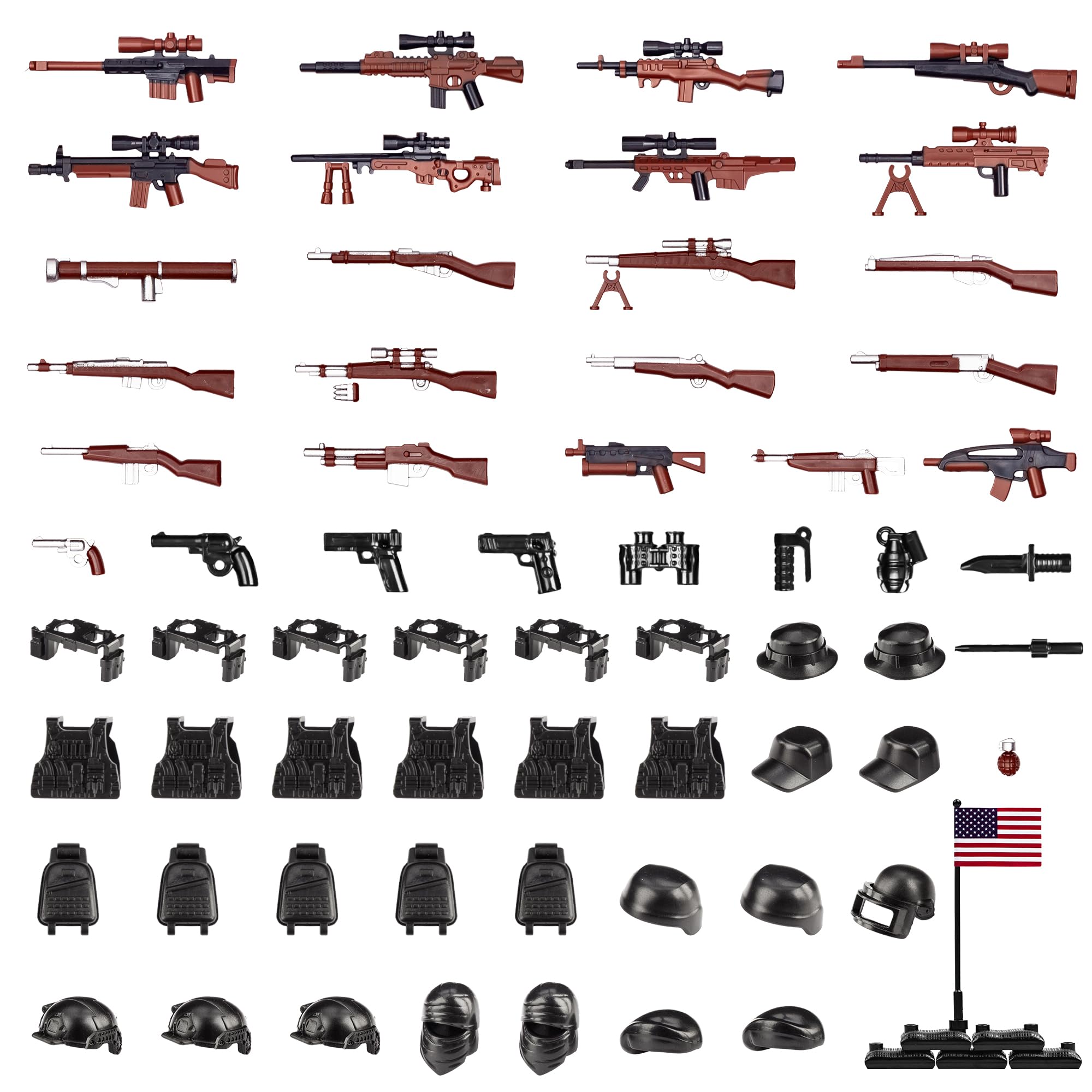 MaozyHomie 63 Pcs US Brown Toy Soldiers Figures,Toy Set, US Weapons Pack Military Army Battle, Toy Set Weapon Battle Building Blocks Compatible with