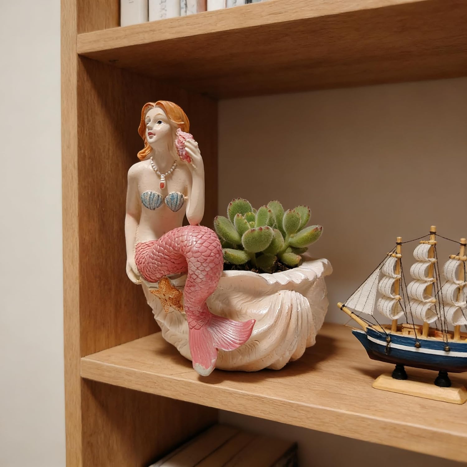 Mermaid Resin Planter Statue, Conch Base Succulent Flower Pot for Home Garden Nautical Decor (Pink)