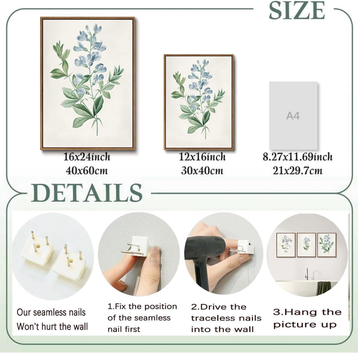 SongZest 3 Piece Blue Floral Framed Wall Art Boho Botanical Canvas Art Prints Vintage Flower Pictures Wall Decor Minimalist Rustic Paintings Artwork for Living Room Bedroom Bathroom 12x16in