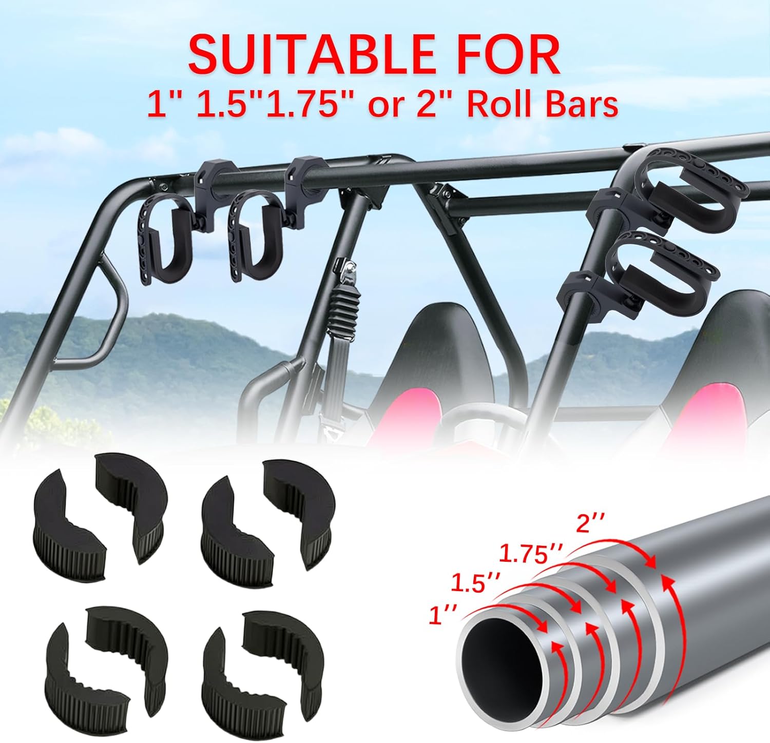 UTV Tool Holder Rack, Roll Bar UTV Tool Holder Shovel Mount Bow Rack Fits 1.75”- 2” Roll Bars Compatible with Snowmobile Golf Cart,2 Sets