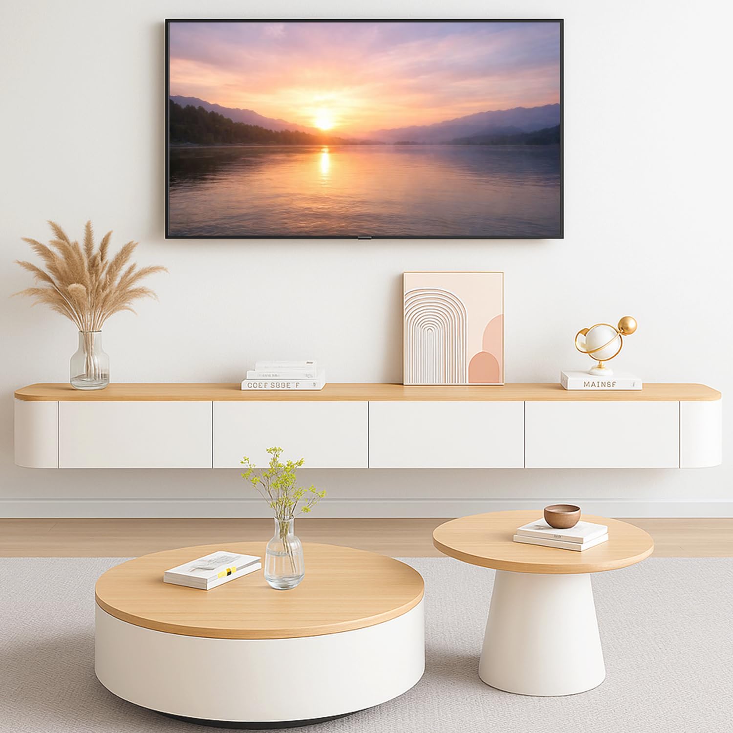 Meuble TV Suspendu Moderne | Console multimédia de Divertissement Murale | Grand Banc de Rangement pour TV pour Salon et Bureau (Blanc Bois, 160cm)