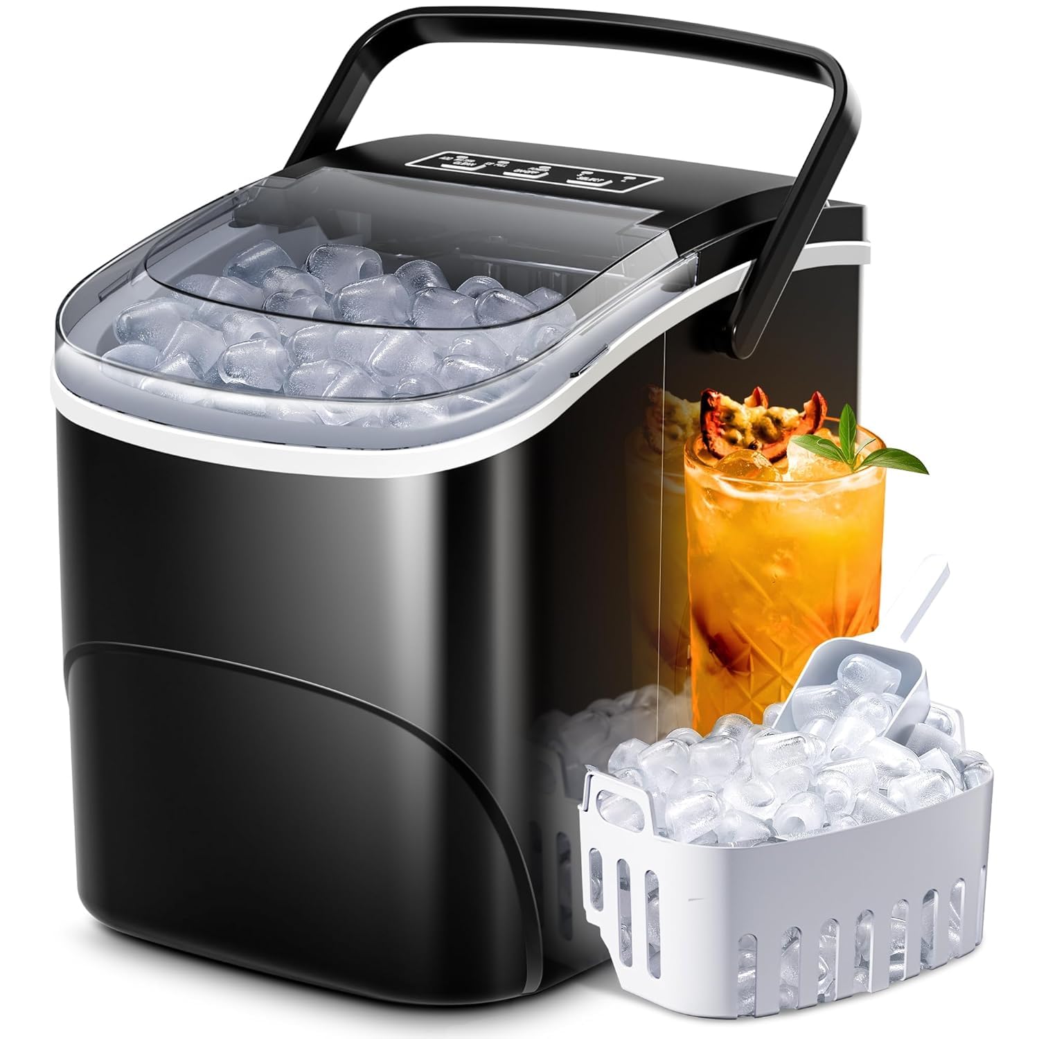 Crzoe Ice Makers Countertop With Carry Handle,26lbs/Day,9 Cubes Ready In 6 Mins,2 Sizes Of Bullet Ice,Self-Cleaning Function,Ideal For Home(Black) on Fridge.com - View 1