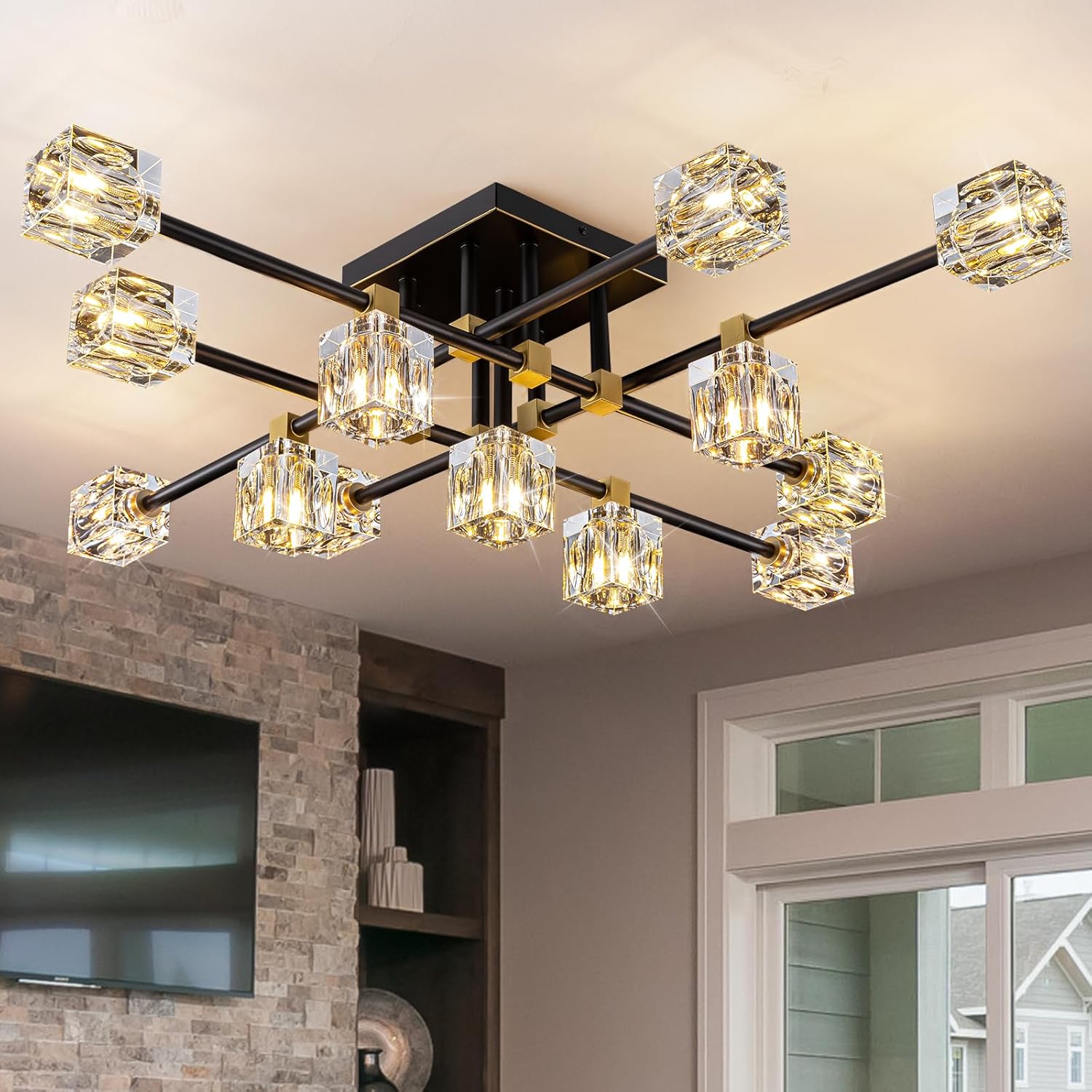 Semi Flush Mount Ceiling Light Fixture,13-Lights Modern Crystal Light Fixture,Black and Gold Modern Crystal Chandelier,Sputnik Chandeliers for Dining Room Kitchen Island Bedroom Living Room