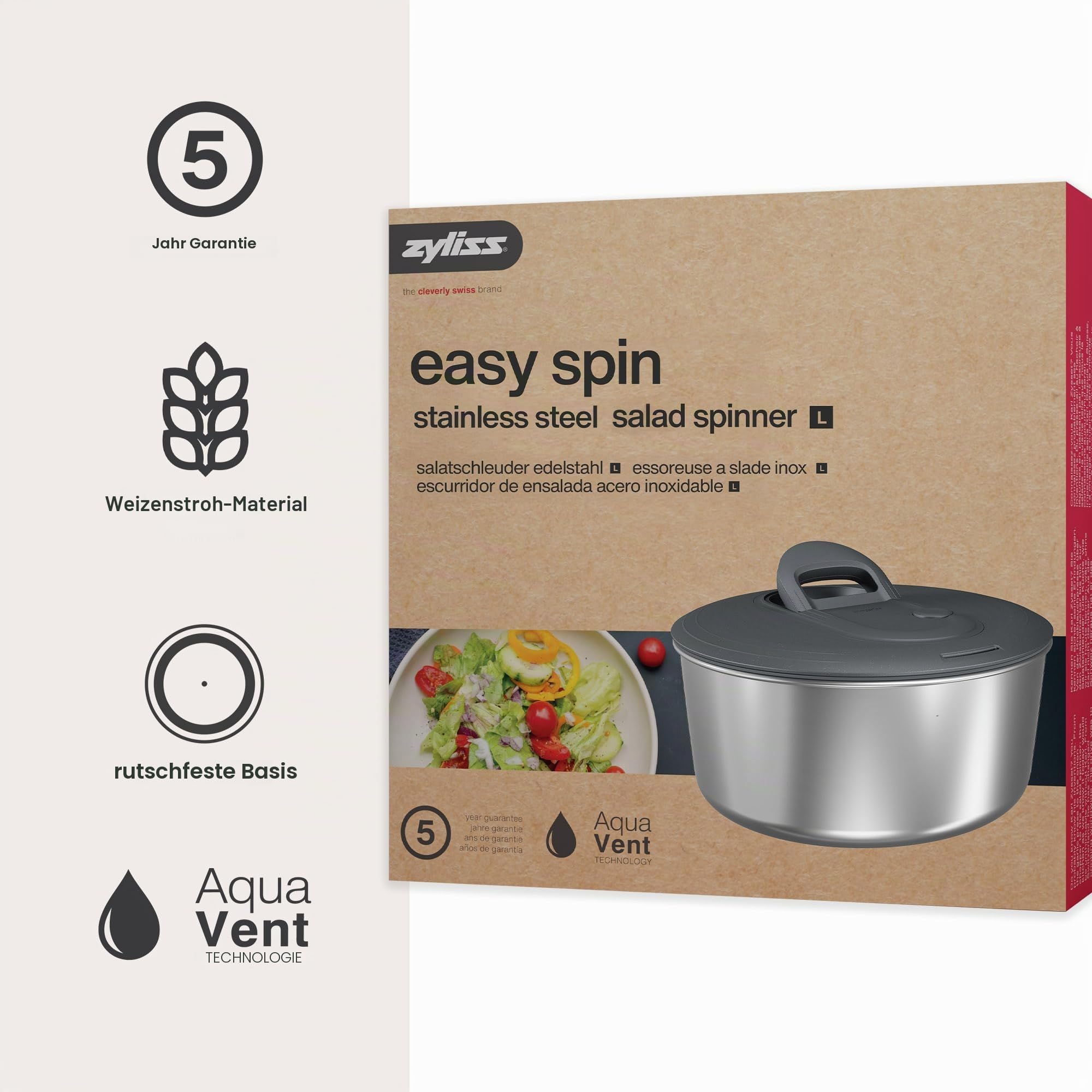 Zyliss Easy Spin Salatschleuder Edelstahl Groß, 6L, Mit Seilzug, Salatschüssel mit Deckel, BPA-frei, Rutschfester Boden, AquaVent™-Technologie, Stopptaste, Spülmaschinengeeignet