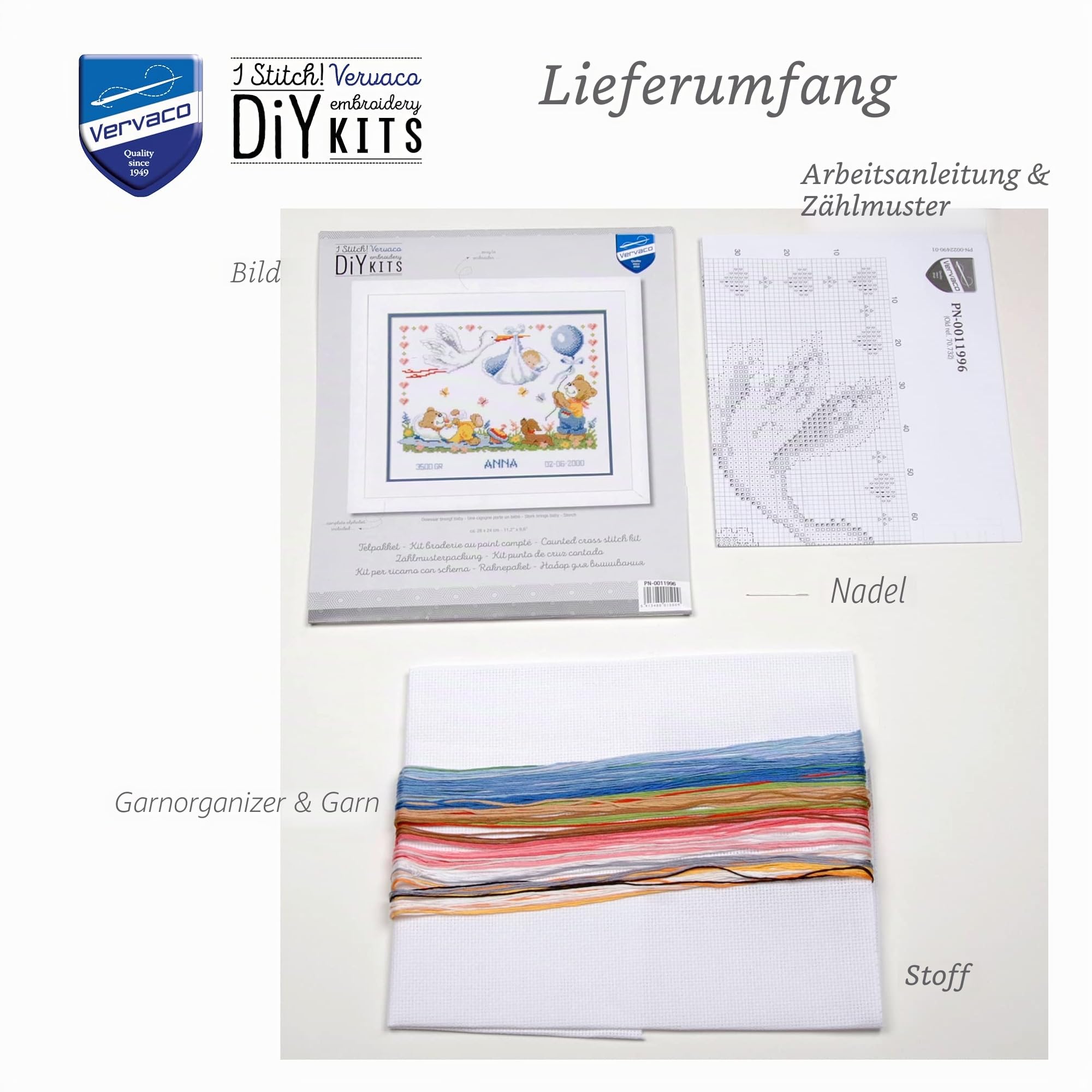 Vervaco Gezählter Kreuzstich Stickpackungen Stickset Baby Geburt Storch Wanddekoration Handarbeit Set für Erwachsene Kreatives Handwerk ca. 28 x 24 cm Geburt Geschenk Hausdeko