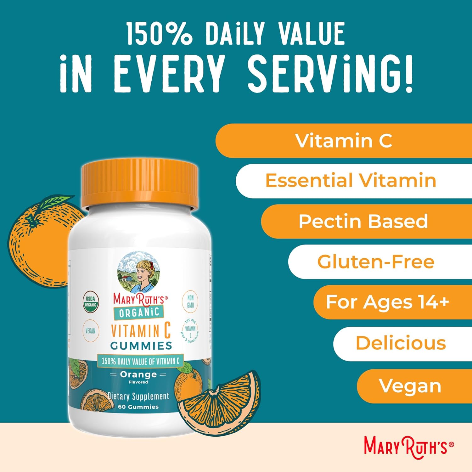 MaryRuth Organics Adult Vitamin C Gummies | USDA Organic | Vegan Chewable Vitamin C Gummies for Ages 14+ | for Immune Support & Overall Wellness | Vegan | Non-GMO | Orange Flavor | 60 Count - Image 7