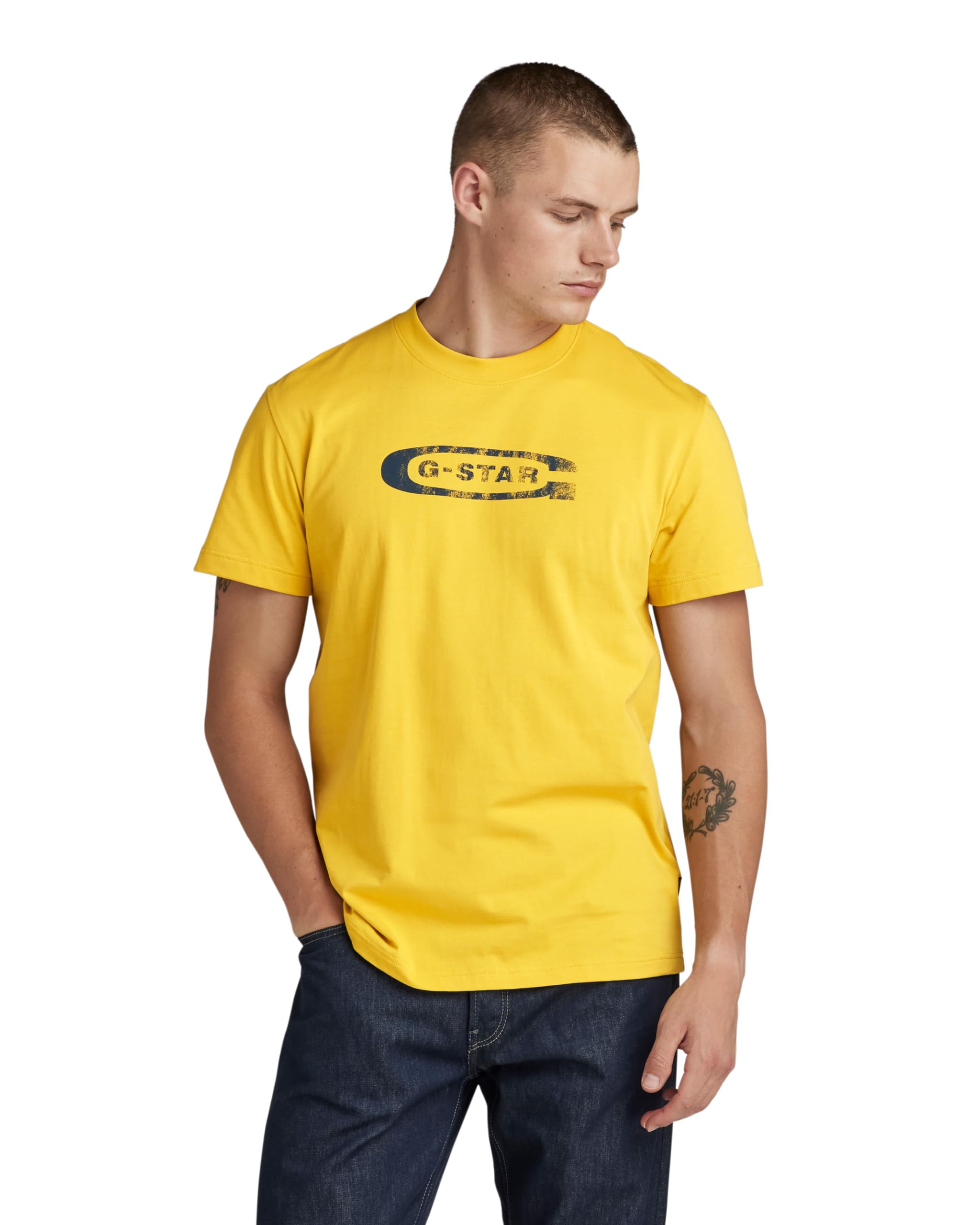 G Star Men' Yellow Stacked Old Skool Logo T-Shirt in Size S, Sports Direct
