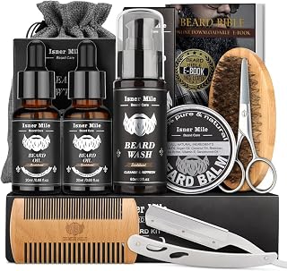 Isner Mile Beard Grooming Kit for Men: Wash, Oil, Balm, Brush, Comb & Straight Razor - Ultimate Gift for Bearded Dads, Husbands, Boyfriends