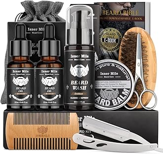 Isner Mile Beard Grooming Kit for Men Care: with Beard Wash - Oil - Balm - Brush - Comb & Straight Razor, Mens Birthday Christmas Stocking Stuffers Valentines Day Gifts for Him Boyfriend Dad Husband
