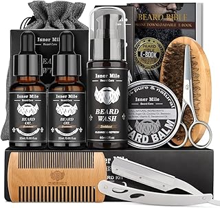 Isner Mile - Kit de barba para hombres, herramientas de aseo y recorte, juego completo con champú, aceite de crecimiento para el cuidado de la barba, bálsamo, cepillo, peine, tijeras y bolsa de almacenamiento, regalo perfecto para hombre, tu padre o novio