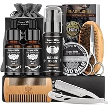 Isner Mile Beard Grooming Kit for Men Care: with Beard Wash - Oil - Balm - Brush - Comb &amp; Straight Razor, Mens Birthday Christmas Stocking Stuffers Valentines Day Gifts for Him Boyfriend Dad Husband
