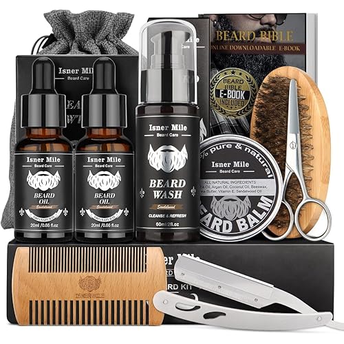 Isner Mile Beard Grooming Kit for Men Care: with Beard Wash - Oil - Balm - Brush - Comb & Straight Razor, Mens Birthday Christmas Stocking Stuffers Valentines Day Gifts for Him Boyfriend Dad Husband