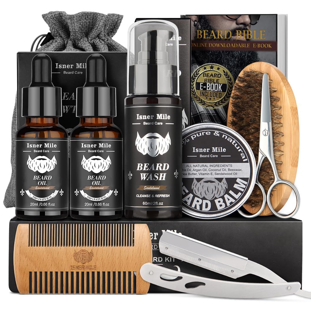 Isner Mile Beard Grooming Kit for Men Care: with Beard Wash - Oil - Balm - Brush - Comb & Straight Razor, Mens Birthday Christmas Stocking Stuffers Valentines Day Gifts for Him Boyfriend Dad Husband