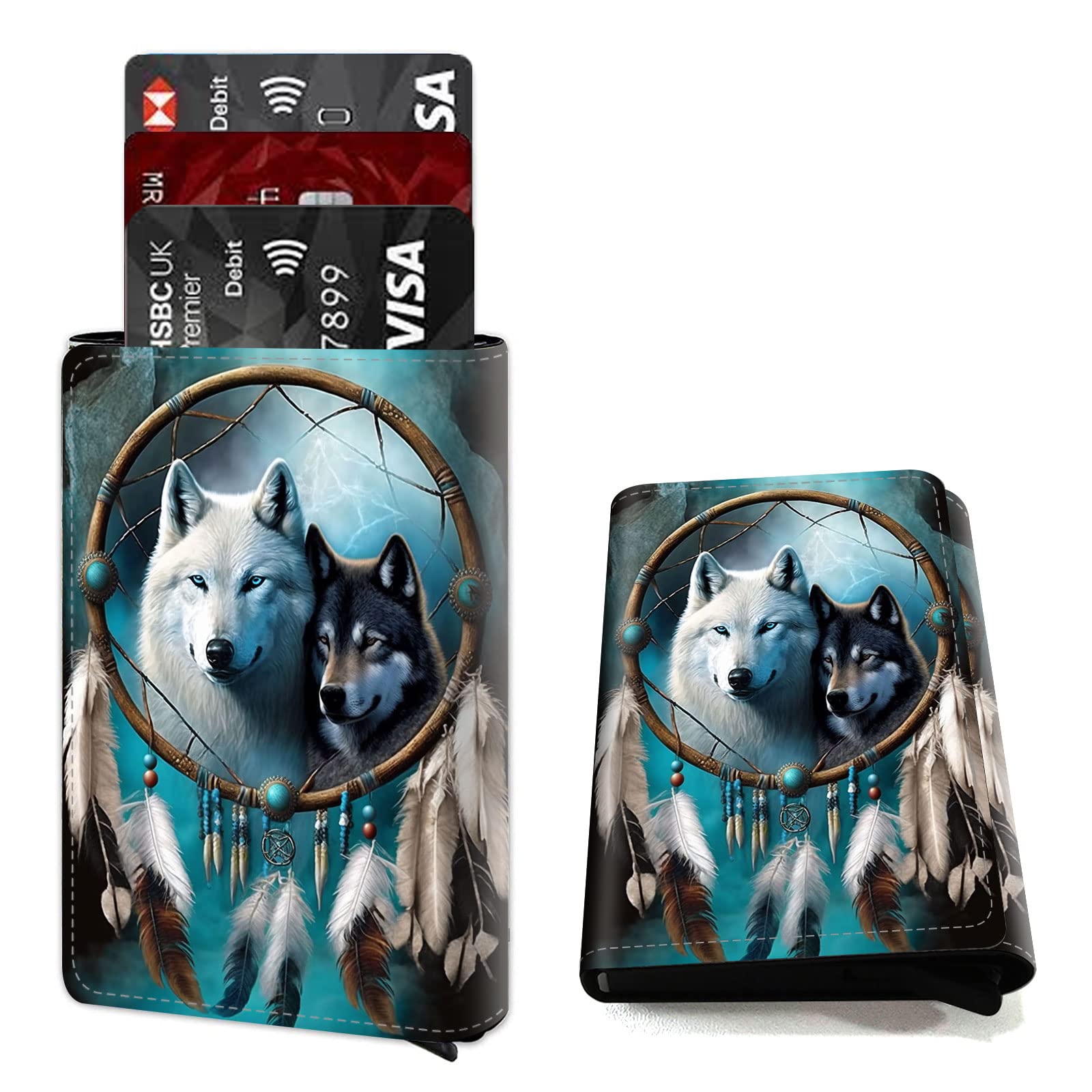 DEGDFSGR Credit Card Holder Aluminum Auto Pop Up Wallet Case,Leather Card Case Front Pocket Trifold Wallet with RFID Blocking Banknote Slot Thin Wallets for Women Men Girl, Wind Chime Wolves