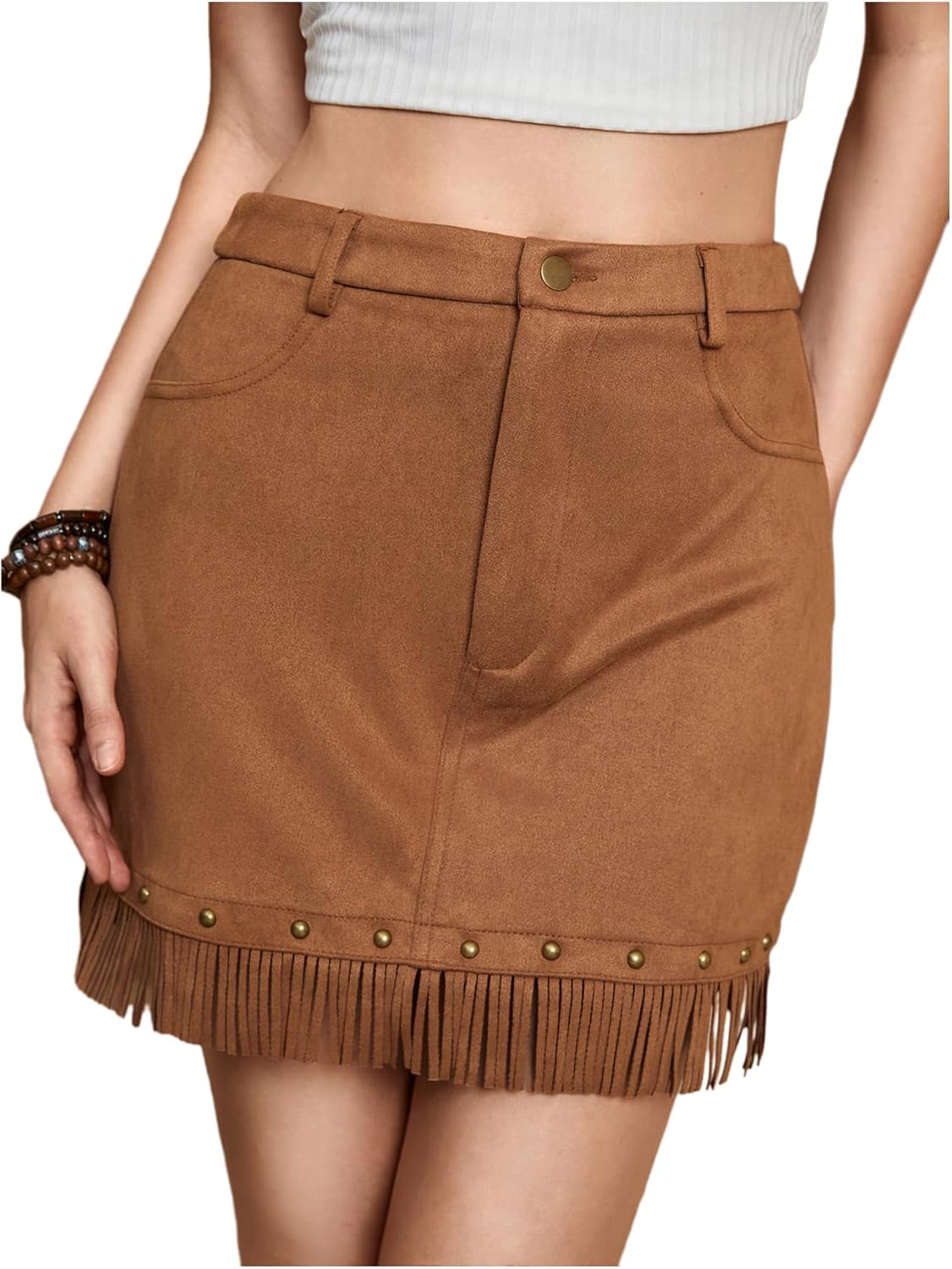 Floerns Women's Suede Rivet High Waisted Skirt Western Fringe Trim Hippie Mini Skirt